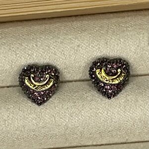 Juicy Couture Dark Fuchsia Crystal Heart Stud Earrings With Gold Logo Banner